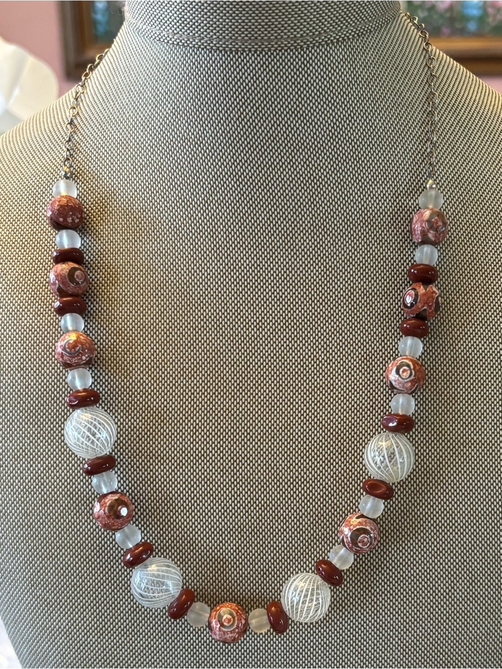 Artisan Sterling Silver Leopard Skin Jasper & Latticino Glass Necklace